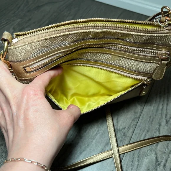 Coach Metallic Beige Signature Crossbody Bag with Floral Charm - Picture 10 of 11